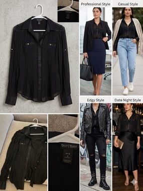 White House Black Market 100% Silk Sheer Pleated Blouse - Size 8 - Black